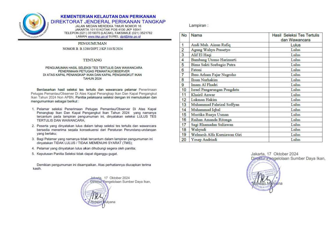 PENGUMUMAN HASIL SELEKSI TES TERTULIS DAN WAWANCARA PENERIMAAN PETUGAS PEMANTAU/OBSERVER DI ATAS KAPAL PENANGKAP IKAN DAN KAPAL PENGANGKUT IKAN TAHUN 2024