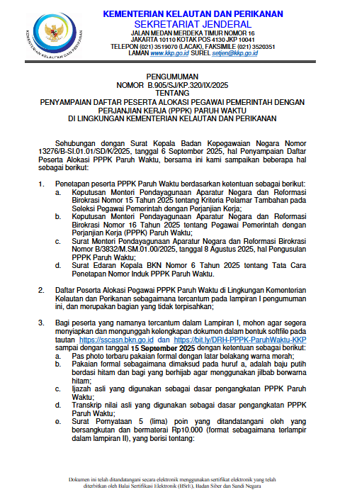 PENGUMUMAN TENTANG PENYAMPAIAN DAFTAR PESERTA ALOKASI PPPK PARUH WAKTU DI LINGKUNGAN KKP