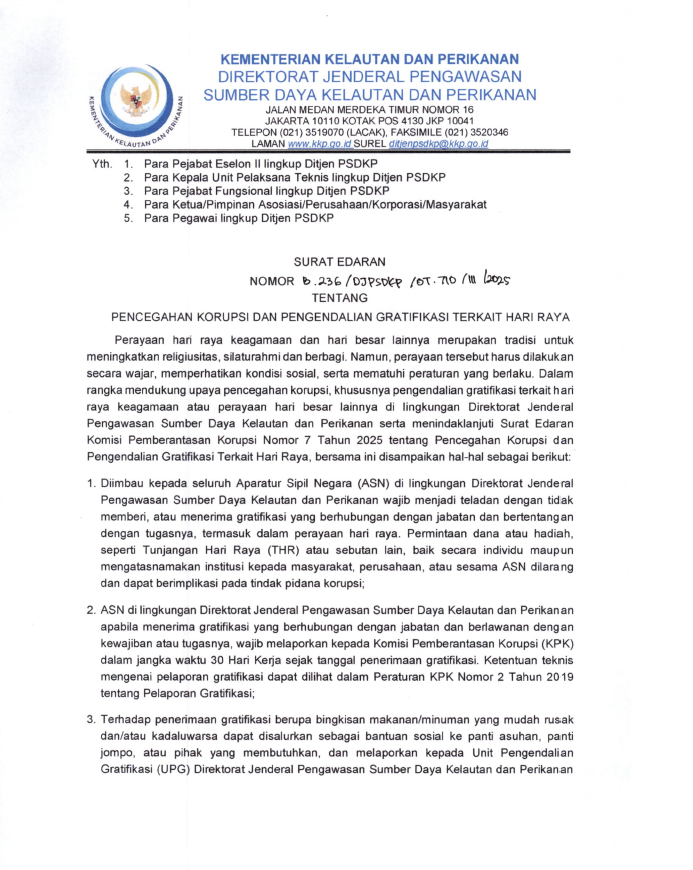 SE No. B.236/DJPSDKP/OT.710/III/2025 Tentang Pencegahan Korupsi dan Pengendalian Gratifikasi Terkait Hari Raya