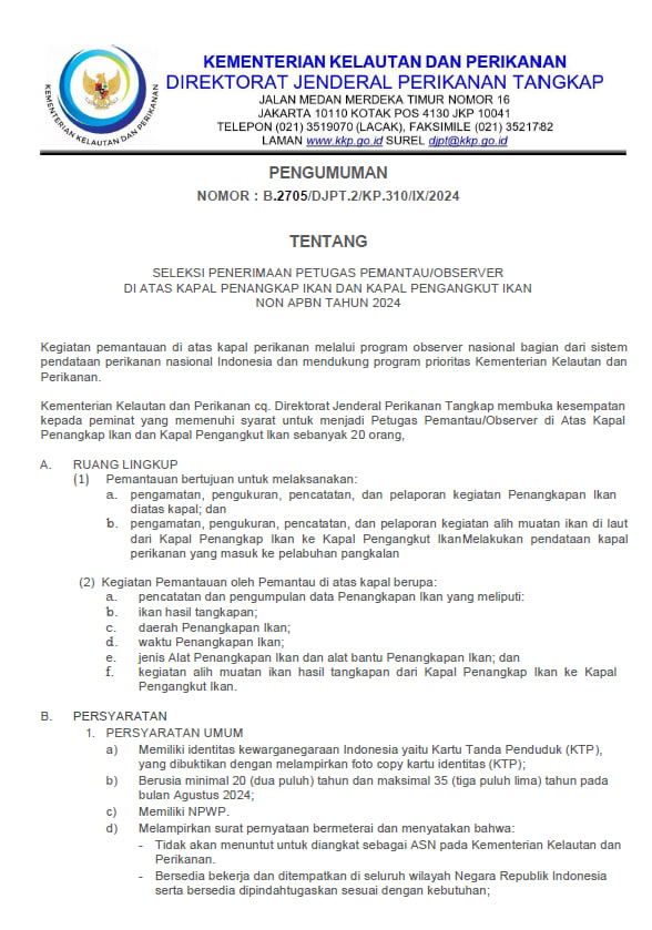 SELEKSI PENERIMAAN PETUGAS PEMANTAU/OBSERVER DI ATAS KAPAL PENANGKAP IKAN DAN KAPAL PENGANGKUT IKAN NON APBN TAHUN 2024