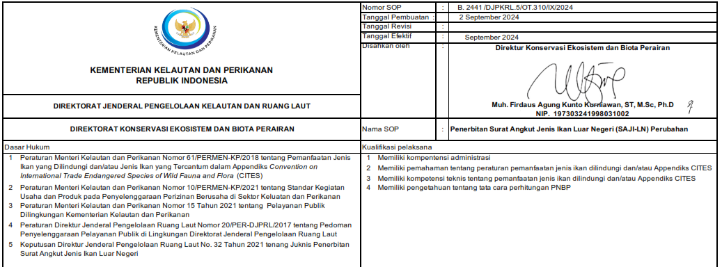 SOP Penerbitan Surat Angkut Jenis Ikan Luar Negeri (SAJI-LN) Perubahan