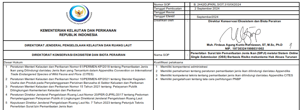 SOP Penerbitan Surat Izin Pemanfaatan Jenis Ikan (SIPJI) melalui Online Single Submission (OSS) Berbasis Risiko mekanisme Hak Akses Turunan