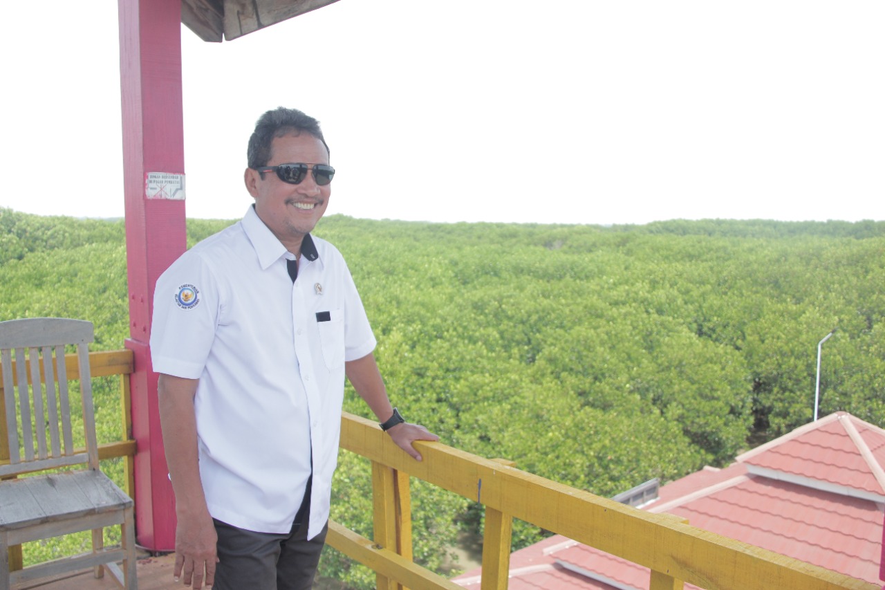 peninjauan menteri kelautan dan perikanan meninjau kawasan konservasi mangrove di Desa Kaliwlingi, Kabupaten Brebes, Provinsi Jawa Tengah, (19/4/2022).